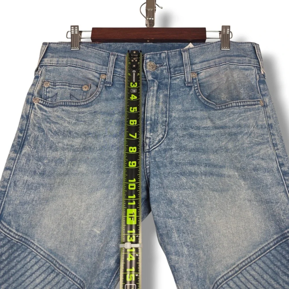 True Religion Geno Relaxed Slim Moto Biker Jeans Mens 31‎ Acid Wash Stretch Blue